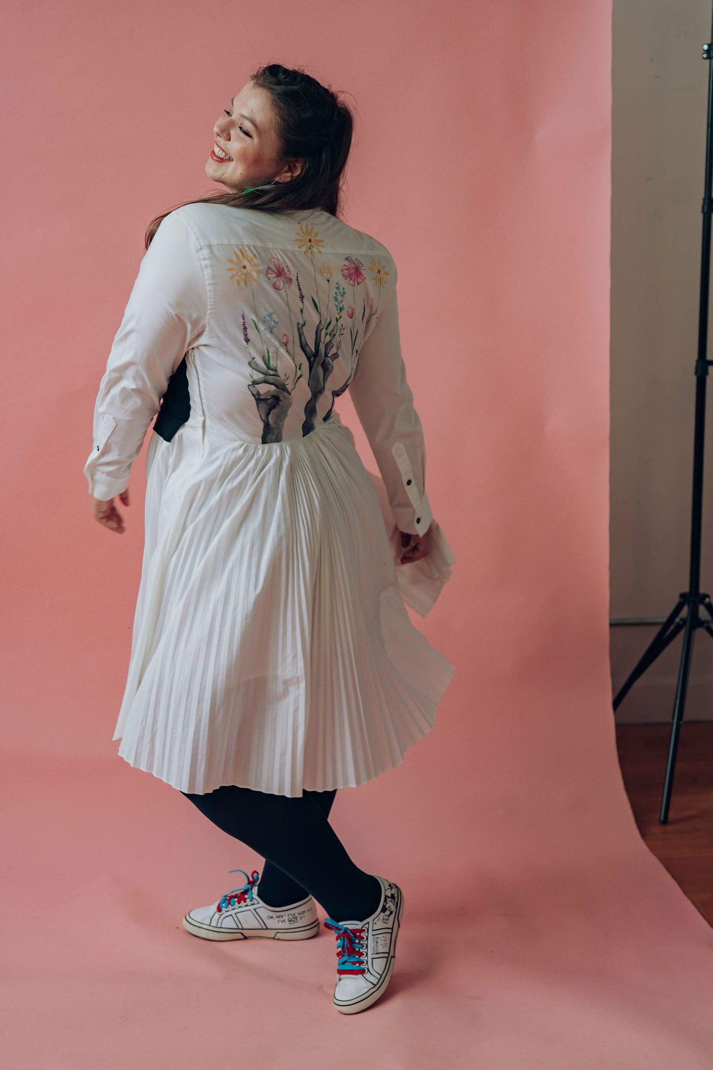 Floral Heights: Pink Tartan hand Painted dress