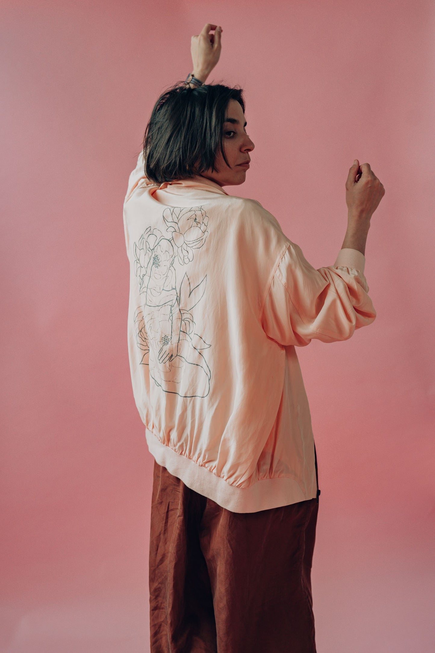 Blooming: Blush silk Hand Painted bomber